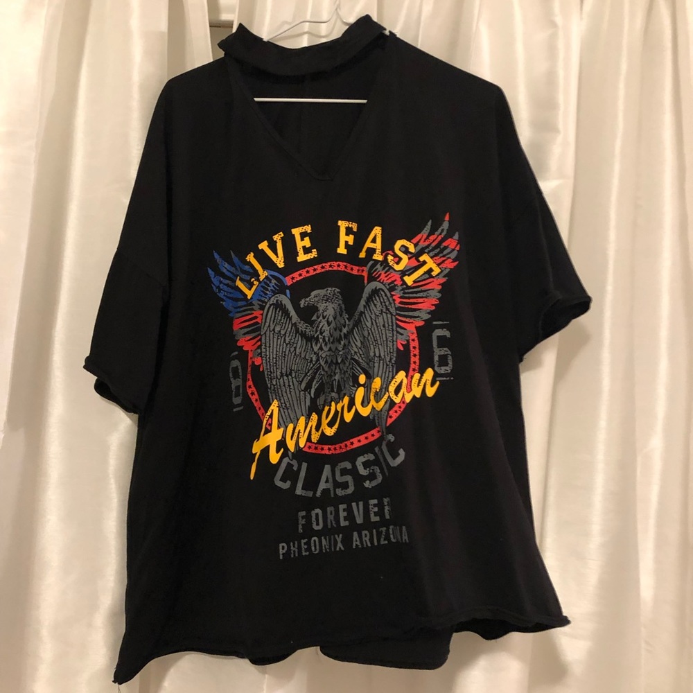 Graphic tee tunic with mock choker
